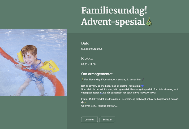 Skjermbilde av et arrangement fra vossabadet.no